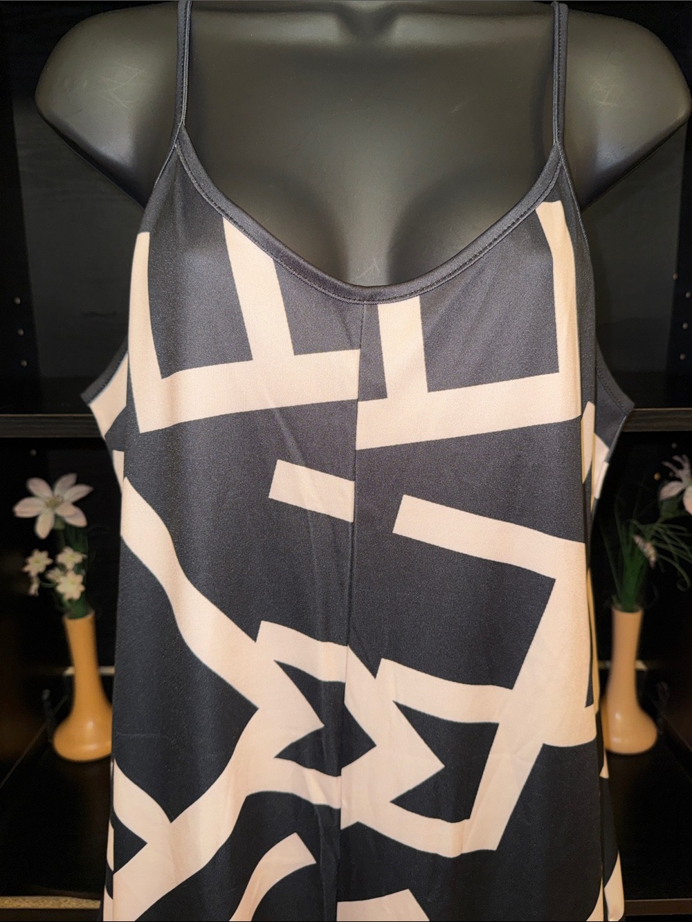 Sleeveless Graphic Wide-Leg Jumpsuit in Black and Nude